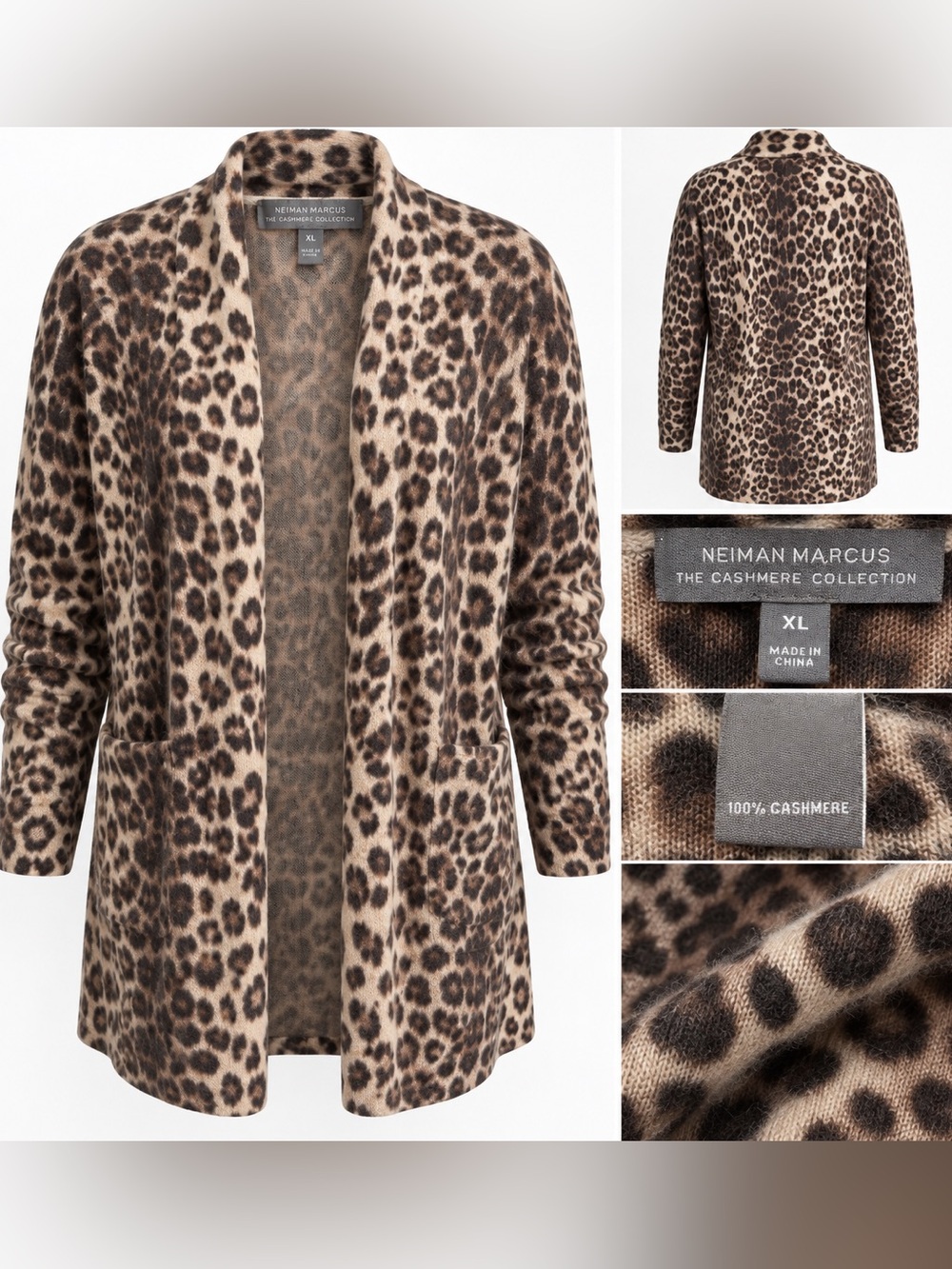 Neiman Marcus Cashmere Collection Leopard Print Cardigan XL 100% Cashmere
